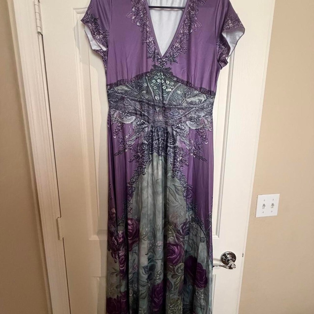 Purple Green Floral Maxi Dress Short Sleeve Fairycore Cottagecore Size M